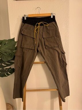MNML Olive Cargo Pants with Black Waistband and Yellow Drawstring